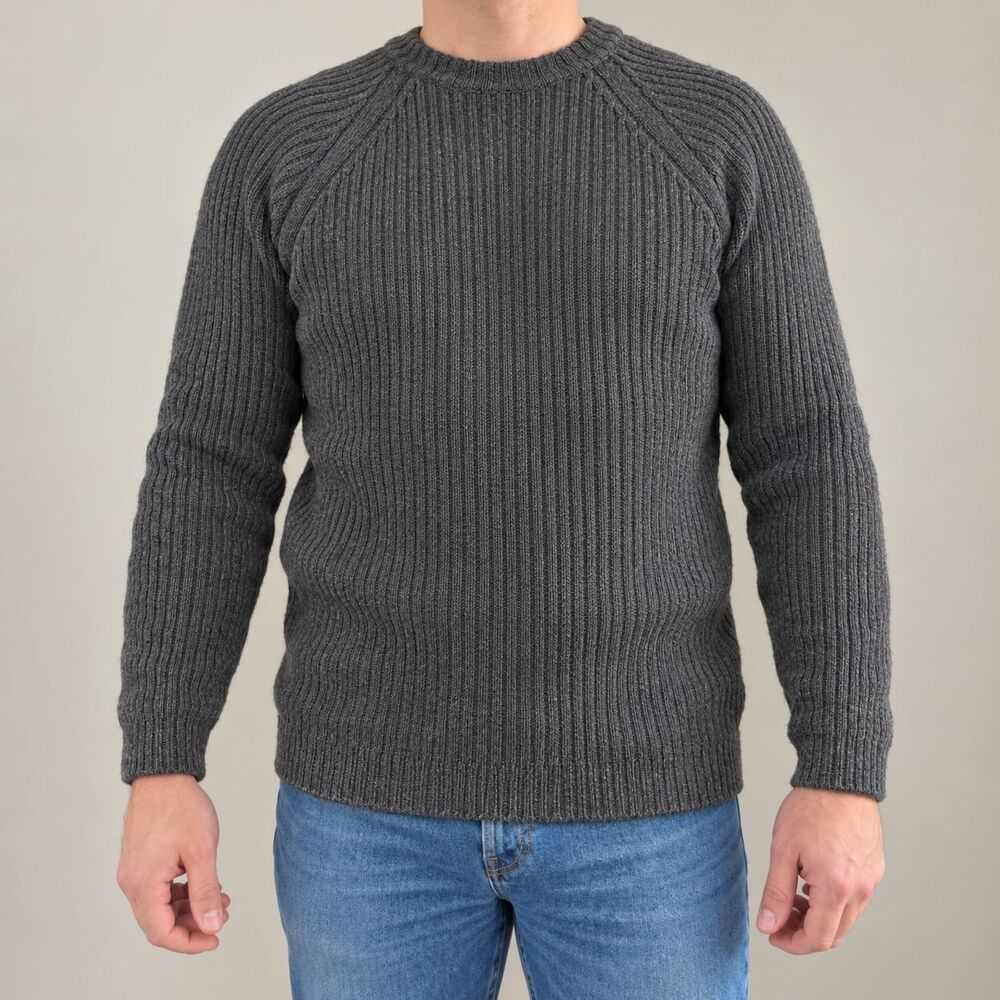 Wool Blend Chunky Ribbed Sweater Mens L Gray Fisherman Knit Pullover Point Zero